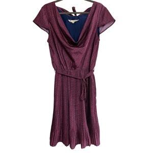 Yumi London Navy Ikat Geometric Pleated Cowl Neck Open Tie Back Dress US 8/10